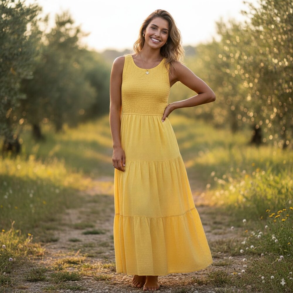 Lusana Jorden Linen Open Back Midi Dress in Citrus NWT Women Dress Size XS & S